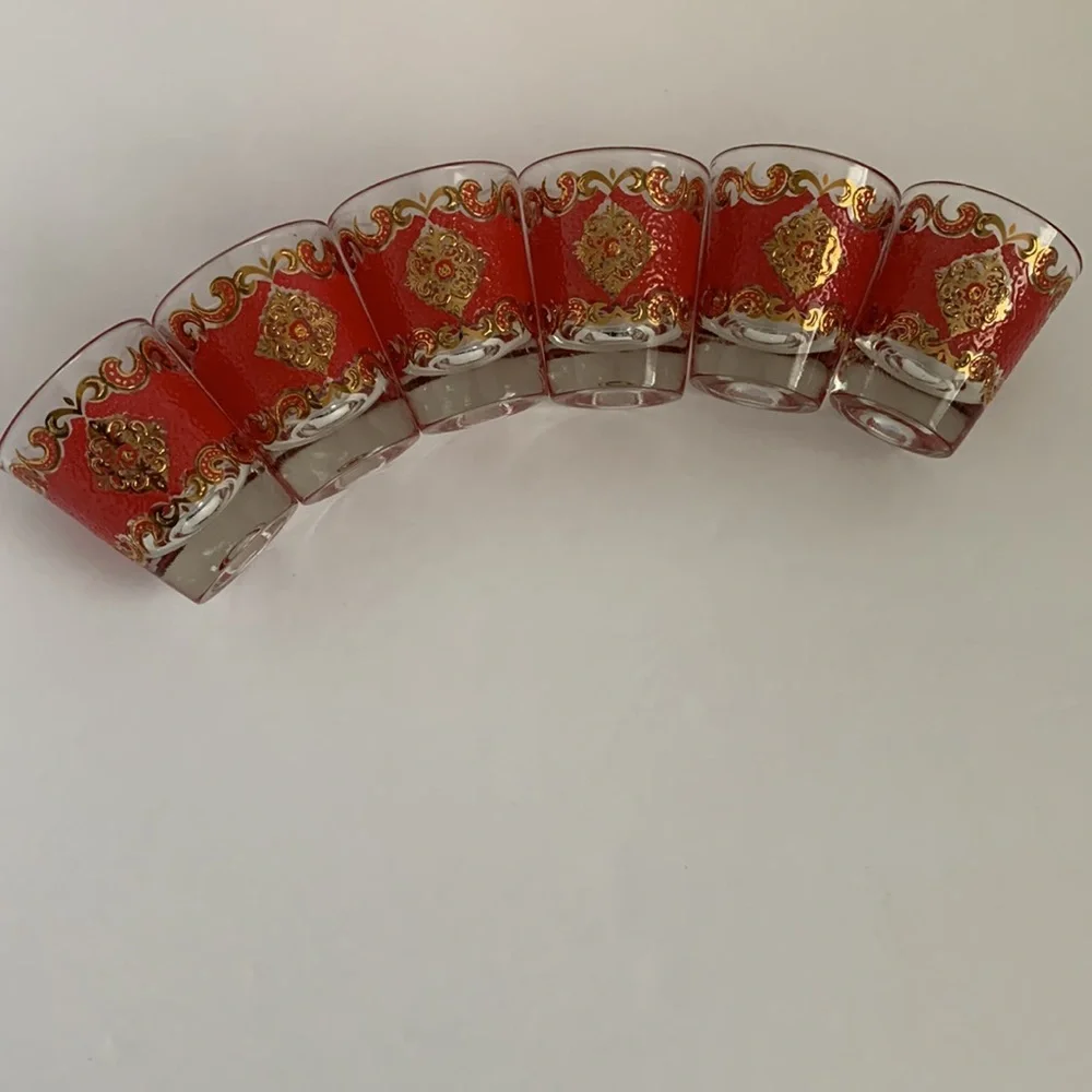 VTG Starlyte Barware Shot Glasses Signed Red and Gold Textured Design Set Of Six
